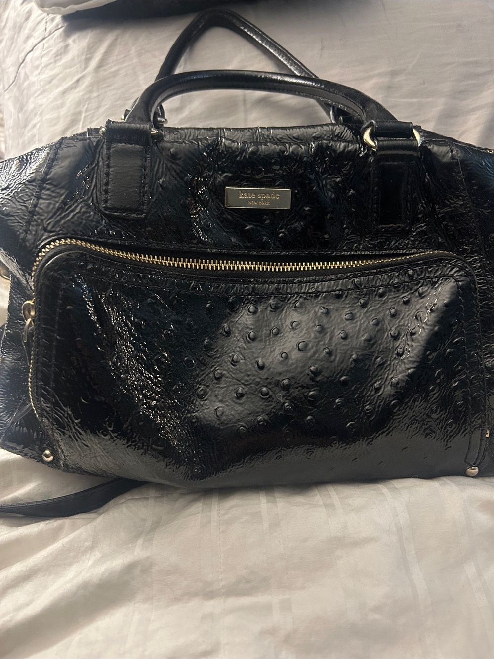 kate spade Black Patent Ostrich-Textured Satchel with Gold Hardware